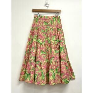 Lilly Pulitzer White Label Tiered Cotton Tropical Floral Pull-On Midi Skirt XS